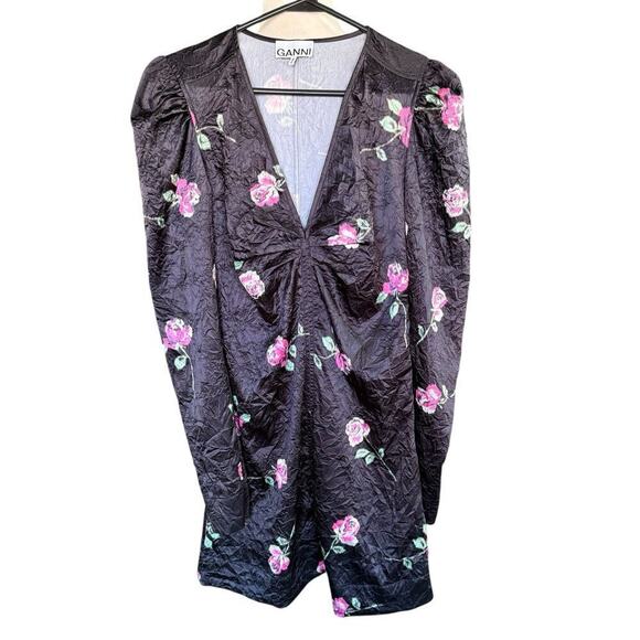 Ganni Crinkled Satin Minidress V-neck Romanticgoth Puff Sleeves Sz 36 Whimsigoth - Picture 1 of 12